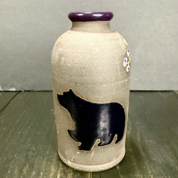 Boot Hill Pottery Black Bear Berries Deep Purple Vase Painted Stoneware 5.75” - Picture 1 of 11